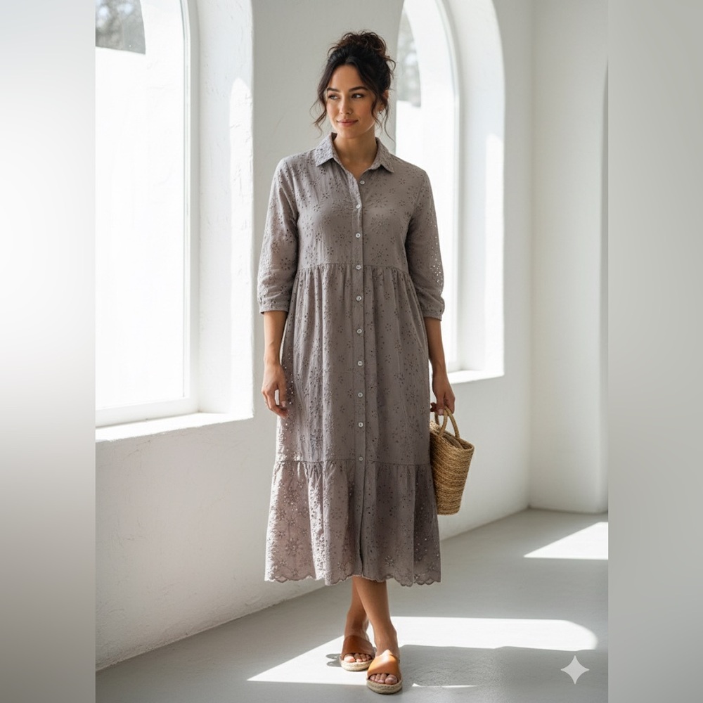 EUC Laura Bianchi XL Taupe Eyelet Shirtdress 100% Cotton MADE IN ITALY